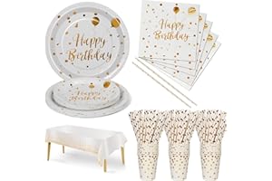 Nkaiso Anniversaire Party Vaisselle,121pcs Blanc Or Kit Vaisselles Papier Assiette Tasse Serviette, Enfants Fête Anniversaire Décoration -24 invités