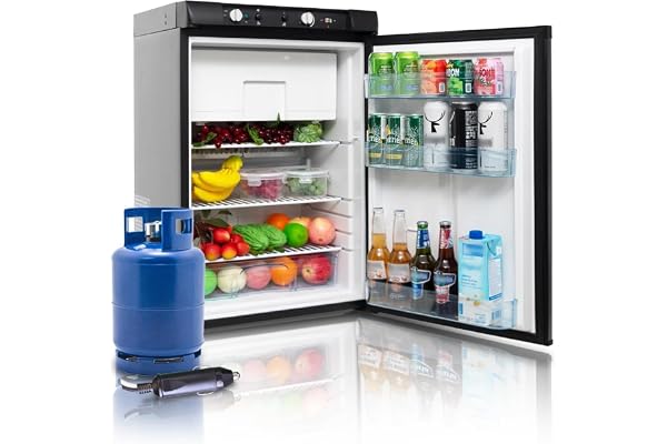 SMETA Gaskylskåp med frys, campingkylskåp, gas, kyl-fryskombination 100 l, tyst kylskåp, 12 V, 230 V, propangas för fritidshus, husbil, garage