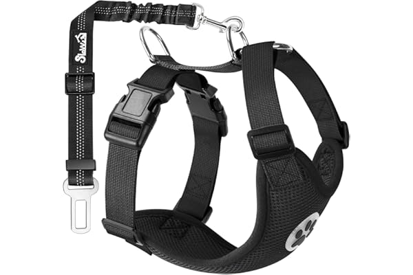 SlowTon Arnés de Coche para Perro con Correa de Conector, multifunción, Ajustable, Doble Tejido de Malla Transpirable, arnés de Chaleco de Viaje con cinturón de Seguridad (L, Negro)