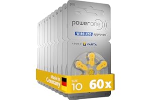 VARTA, PowerOne Batterie per apparecchi acustici tipo 10, 60 pezzi, giallo, pile confezione economica, per amplificatore acustico, Made in Germany