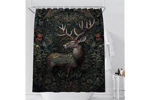 FCHEN ART Fchen Rustikaler Duschvorhang mit Hirsch und Elch, Waldtiere, Tiere, Dschungel, Landschaft, Badezimmer-Dekor, Stoff-Set mit 12 Haken, 180 x 180 cm