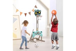 QIVANGE 5 in 1 Basketball Hoop and Stand for Kids - Height Adjustable With Football Goal, Golf, Ring Toss, Story Player - Indoor Outdoor Toddler Sports Set