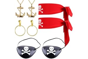 SKHAOVS 8 Pcs Piraten Kostüm Zubehör Set, Piraten Augenklappen, Piraten Bandana Piraten Gold Hoop Ohrring Piraten Halskette für Karibik Party Halloween Karneval Maskerade Cosplay Kleid