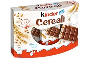 Kinder Cereali, 9 Tavolette di Cioccolato Puro Cacao, Snack Dolce Ripieno al Latte e 5 Cereali Soffiati e Tostati, 211.5 gr