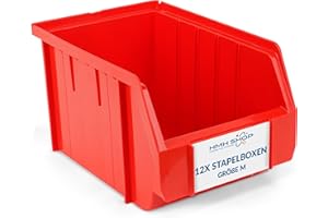 HMH Stapelboxen der Größe M 230x150x130mm für dein Kleinteilelager Sichtlagerkästen in 5 Farben Zubehör wie Deckel Trennsteg Etikett Wandschiene Sortierkisten (Rot, 12 Stück)