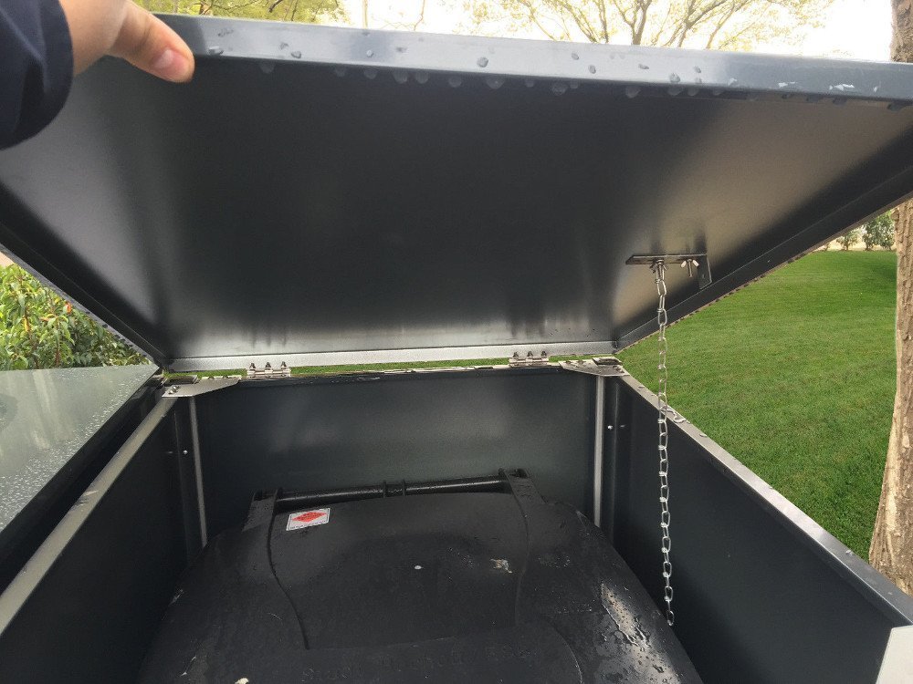 3 Mülltonnenboxen Modell No.6 für 240 Liter Mülltonnen / komplett Anthrazit RAL 7016 / witterungsbeständig durch Pulverbeschichtung / mit Klappdeckel und Fronttür – Bild 5