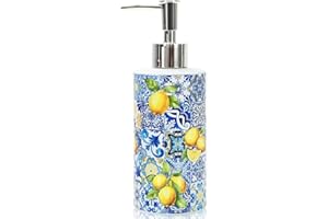 JarThenaAMCS Capri Lemon Soap Dispenser Blue Tile Yellow Lemon Glass Dispenser with Pump Refillable Liquid Soap Container for Summer Home Kitchen Bathroom Countertop