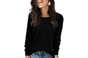 Fisoew Pullover Damen Langarmshirt Leichter Rundhals Casual Strickpullover Oberteil Loose Fit Pulli Sweatshirt