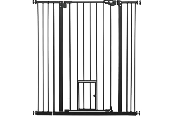 PawHut Barrière de sécurité Animaux de 104H cm Conception Haute avec Porte Chat Fermeture Automatique système de Double Verrouillage sans percage de 74 à 101 cm Acier Noir