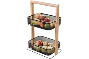 Amig - Frutero con 2 Cestos en Altura - Organizador de Cocina o Baño - Acero Negro y Bambú - Estante Multiusos para Tarros, Botes o Accesorios - 27 x 18 x 44 cm