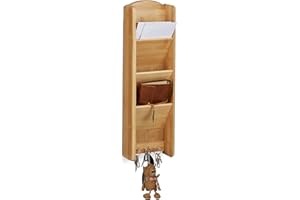 Relaxdays Bamboo Key Board with Shelf, 3 Compartments, 3 Key Hooks, Wall Organizer, Size: 7.5 x 15 x 49.5 cm, Wood, Natural Brown