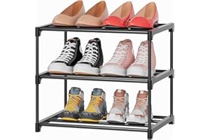 Tienily Small Shoe Rack, 3 Tier Metal Shoe Rack Organiser, Slim Shoe Organiser Storage, Lightweight Shoe Shelf foHallway, Living Room, Bedroom，Space Saving (Black, 3 layers)