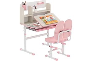 HOMCOM Kids Desk and Chair Set, Height Adjustable Kids Study Table and Chair Set with Storage Shelves, Washable Cover, Anti-Slip Mat and Tilted Desktop, for Ages 3-12 Years - Pink
