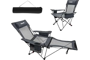 POEPORE Chaise de Camping Pliante avec Repose-Pieds Inclinable Pliable Dossier Réglable à 4 Positions Chaises Pliantes Adultes avec Sac réfrigérateur Pique-Nique Plage Jardin Pêche Gris