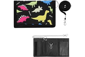 TOKSEO Dinosaure Portefeuille Enfant avec Cordon de Serrage, Chaîne en Métal,Compartiment Billets et Monnaie,8 x 12 cm Porte Monnaie Enfant Garçon Pliable