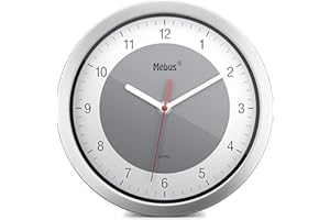 MEBUS Quarz-Wanduhr/kleine Uhr für kleine Räume/silberner Rahmen/weißes Zifferblatt/graue Akzent-Kreis / 20cm Durchmesser/Rund/Modell: 16210 / Farbe: Silber, Weiß, Grau