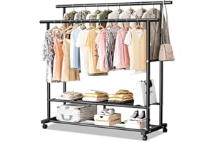 MONKLE - Appendiabiti da terra,Appendiabiti con ruote,stand appendiabiti 1.5M Doppio bastone appendiabiti + 2 Scomparti Portaoggetti(Nero)