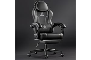 Dowinx Gaming Chair with Footrest, Gaming Chair for Adults, Ergonomic Gaming Chair with Pocket Spring Cushion and Massage Lumbar Support, High Back Leather Video Game Chair Office, 200kg Grey
