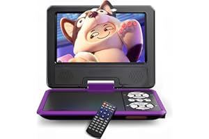 WOLFANG Reproductor de DVD Portátil de 9,5 Pulgadas para Niños en el Coche con Pantalla HD Giratoria de 7,5 Pulgadas, Altavoces Estéreo, 6h de Autonomía, Soporte de Sincronización,Púrpura