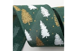 Italian Options Linen Christmas Tree Wired Ribbon, Elegant, Wide, Hessian Ribbon for Crafts, Gift Wrapping Accessories, Wreaths, Tree Decorations, Burlap Fabric Borders, Green, Gold, 63 mm x 10 Metre