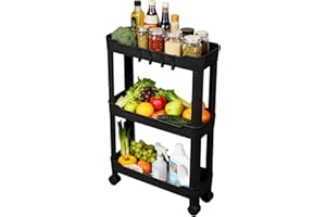 ‎RIBELLI Ribelli Rollwagen 3 Ebenen, Küchenwagen schmal, Küchenregal auf Rollen, Nischenregal mit 8 Haken, Servierwagen Kunststoff für Bad, Küche, Büro, Schwarz