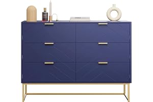 UEV Byrå med 6 lådor, skåp, trä med tippskydd, metallfot, highboard, sideboard, smalt byrå, sidoskåp för vardagsrum, sovrum