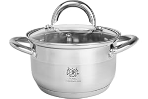 KARL HAUSMANN Kochtopf Induktion, 14 cm, 1.3l, Edelstahl, Topf mit GlasDeckel, für alle Herdarten geeignet, Griff nicht heiß, Topf als Suppentopf Nudeltopf Spaghettitopf