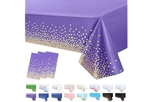 POPOYU 3Pack Purple and Gold Dot Table Cloth Party Disposable Tablecloths,137x274cm Confetti Table Cover Rectangle Plastic Tablecloth Party for Picnic,Baby Shower,Wedding,Birthday,Christmas Table Decorations