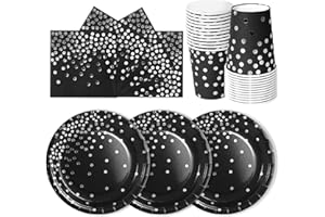 PYAILI Anniversaire Vaisselle de fete 72 Pièces Argent Noir Party Assiettes en Papier Set Assiettes de Fête Jetables Papier Tasses Serviettesr, pour Barbecue les Fêtes les Pique-niques -24 Invités