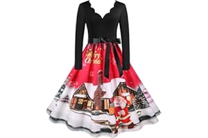 AZISEN Weihnachtskleid Damen, Weihnachtskleider für Damen 2023 Große Größe A-Linie Swing Partykleid Schneemann Weihnachtsbaum Druck Cocktailkleid Elegant Langarm Vintage Weihnachtsmotiven