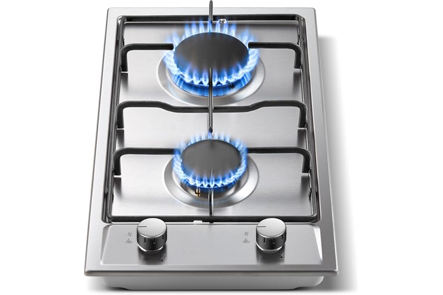 TopStrong 2 Gas Hob, 30 cm Built-In Stove, Stainless Steel Natural Gas/Propane Stove, Enameled Grills, Stainless Steel Anti-fingerprint Finish, 4200W