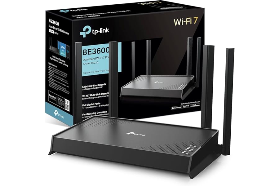 TP-Link Archer BE220 Dual-Band WiFi 7 Router,BE3600 EasyMesh WiFi Router with 4 Antennas,Seamless Extender Booster with 4K-QAM,Full Gigabit Ports,VPN Encryption,APP Control,Easy Setup