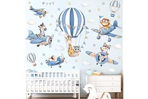 decalmile Adesivi Murali Bambini Mongolfiera Blu Adesivi da Parete Aereo Animale Giraffa Leone Volpe Decorazione Murale Camera Bambini Camerette Asilo Nido