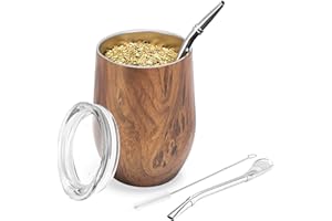 TELANKS Modernes Mate Becher 340 ml, Yerba Mate Becher Doppelwandiger 18/8 Edelstahl, Mate Tee Tasse mit BPA-freiem Deckel, Stroh(Bombillas) und eine Reinigungsbürste(Holz)