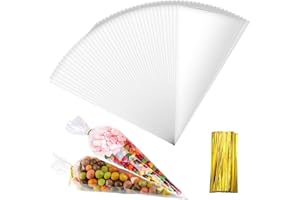 LOBVABA 100 Piezas Bolsas Transparentes de Caramelos, Bolsas de Celofán cono Cinta Ribbon, Bolsas Celofan Bolsa de Triángulo, Bolsas para Chuches Galletas Palomitas de maíz Malvavisco Navidad Cumpleaños