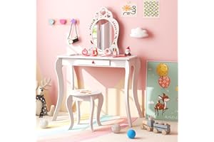 COSTWAY Kids Vanity Table and Stool, 2 in 1 Girls Makeup Dressing Table with Removable Mirror and Drawer, Wooden Children Study Desk and Chair Set (White with Watermelon Print)