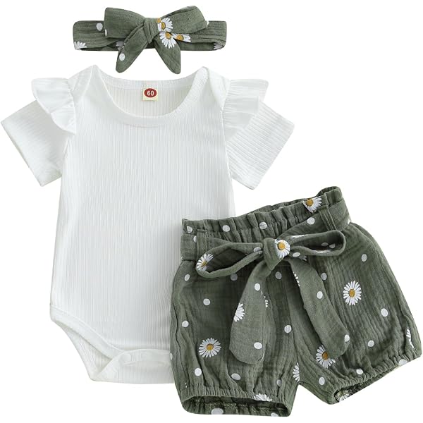 Baby Mädchen Sommer Outfit 3-teilig – Strampler, Shorts, Stirnband – 0-18 Monate