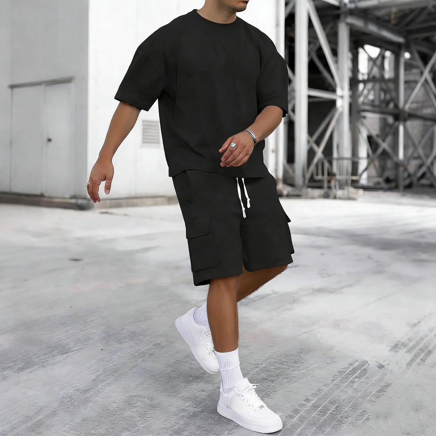 Conjunto de ropa de verano para hombre, camiseta de gran tamaño y pantalones cortos tipo cargo, traje deportivo casual de 2 piezas