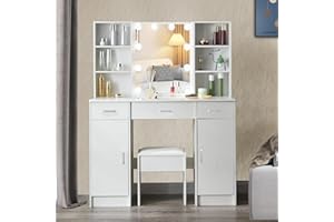 Caulitar Big Dressing Table with LED Lights, Adjustable Brightness, 3 Color Temperatures, Vanity Table with Mirror, 3 Drawers, 1 Stool, Modern, White, 40x100x140 cm