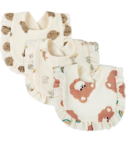 3 Bavaglini Impermeabili Per Neonati VONJUMA – Morbidi In Cotone E Garza Con Disegni Orsetto, Coniglio, Dinosauro, Beige 30x20cm