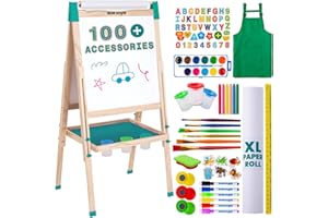 ‎BLUE SQUID Kunst Staffelei für Kinder mit 100+ Zubehör- Doppelseitige hölzerne Tafel für Kinder mit magnetischer Kreidetafel, abwischbarem Whiteboard & Papierrolle, Kindertafel mit Kreide und Magnet 3-4 4-8 9-12