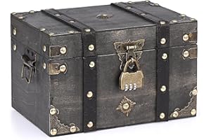 SUMNACON Wooden Vintage Treasure Chest Box with Lock, Decorative Souvenir Storage Box Keepsakes Storage Organizer Rectangle Jewelry Trinket Chest Grey Treasure Storage (Large Size)