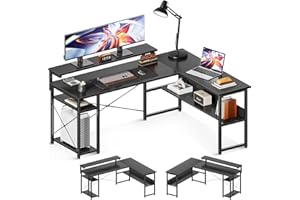ODK Scrivania ad angolo, scrivania per computer reversibile con ripiani per riporre, scrivania da ufficio con supporto monitor regolabile (155×122 cm, Nero)