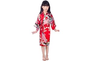 Westkun Kimono Bambina e Ragazze Vestaglia Vestito Cinese Pigiama Accappatoio Giapponese Lunga Estiva Pavone e Fiori Partito Nozze Pigiameria Robe