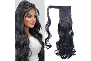 CYBELLEZA Posticci per Capelli Extension Clip Coda di Cavallo Ponytail Wrap Around Parrucchino Mossi Ondulati Sintetici Finti Lunghi Naturali, Jet Nero
