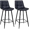 Panana Barstools Set of 2 PU Leather with Backrest Metal Legs Counter Breakfast Chairs Kitchen Pub Bar Stool (Black)