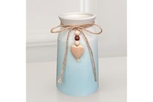 HOPEME 6-Inch Ceramic Vase with Jute Rope & Heart Charm, Farmhouse & Boho Decor, Blue Vase for Flowers, Pampas Grass & Faux Greenery