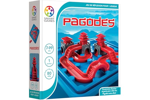 SmartGames - Pagodes - Jeu de Réflexion - Construis Chemins et Ponts pour Relier Les Pagodes Entre Elles - 80 Défis - 1 Joueur - pour Enfants à Partir de 7 Ans