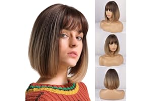 HAIRCUBE Perruques Bob Straight naturelles courtes pour les femmes Omber Brown perruques avec utilisation quotidienne Bangs