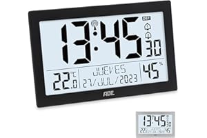 ADE Reloj meteorológico | Reloj Digital de Pared Grande | Despertador Inteligente con Temperatura y Humedad | Cocina, Salon, Dormitorio | radiocontrolado | con luz | para Mayores | con Pilas | Negro
